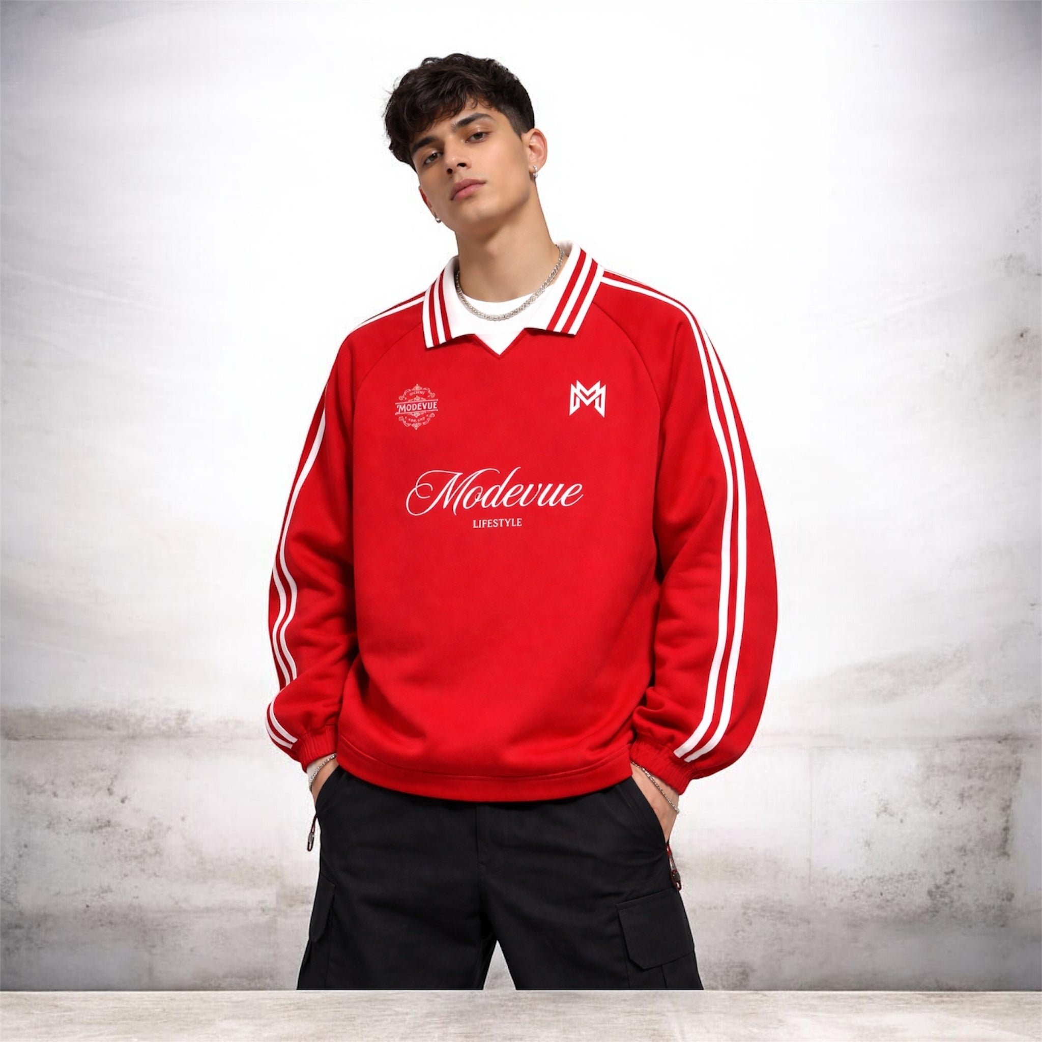 Contrast Striped Lapel Collar Sweatshirt