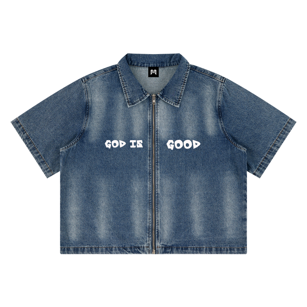 Modevue Unisex Vintage Washed Full-Zip Denim Shirt