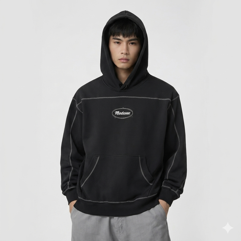 Contrast-Stitched Boxy Fleece Hoodie