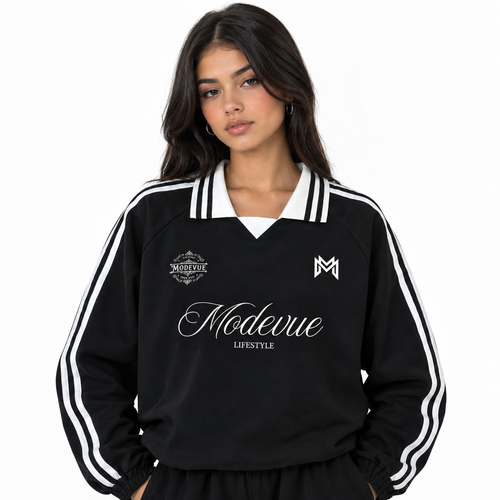 Contrast Striped Lapel Collar Sweatshirt