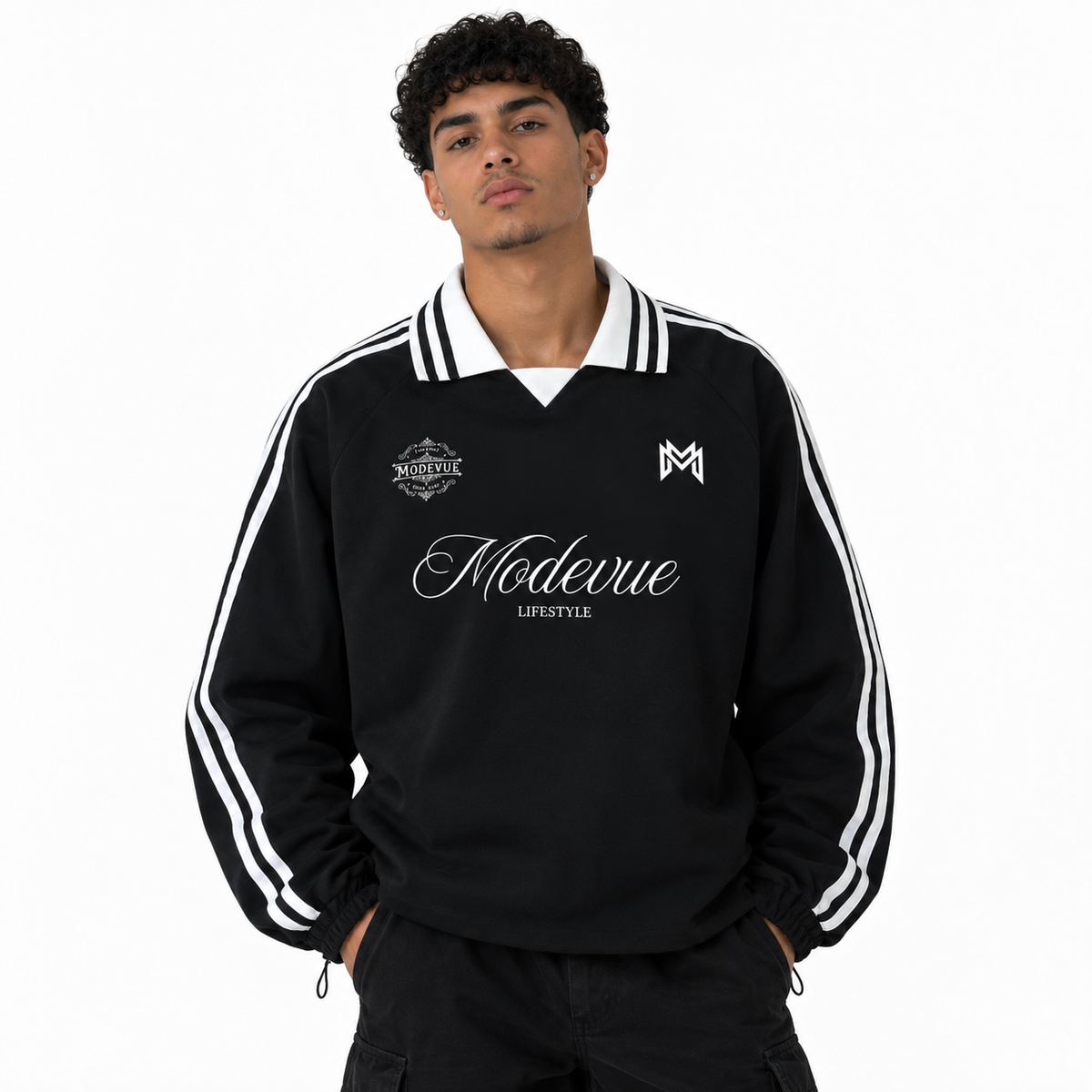 Contrast Striped Lapel Collar Sweatshirt