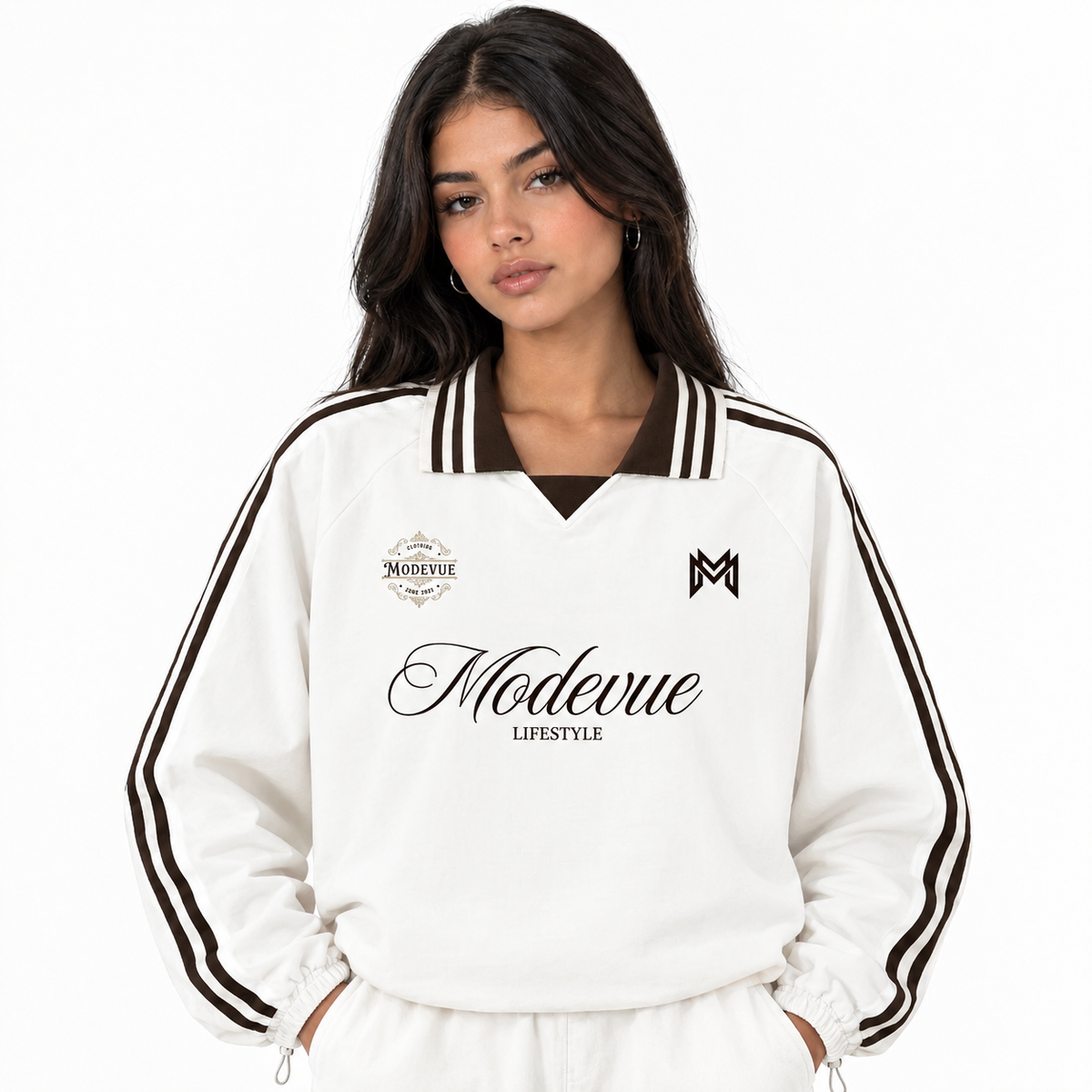 Contrast Striped Lapel Collar Sweatshirt