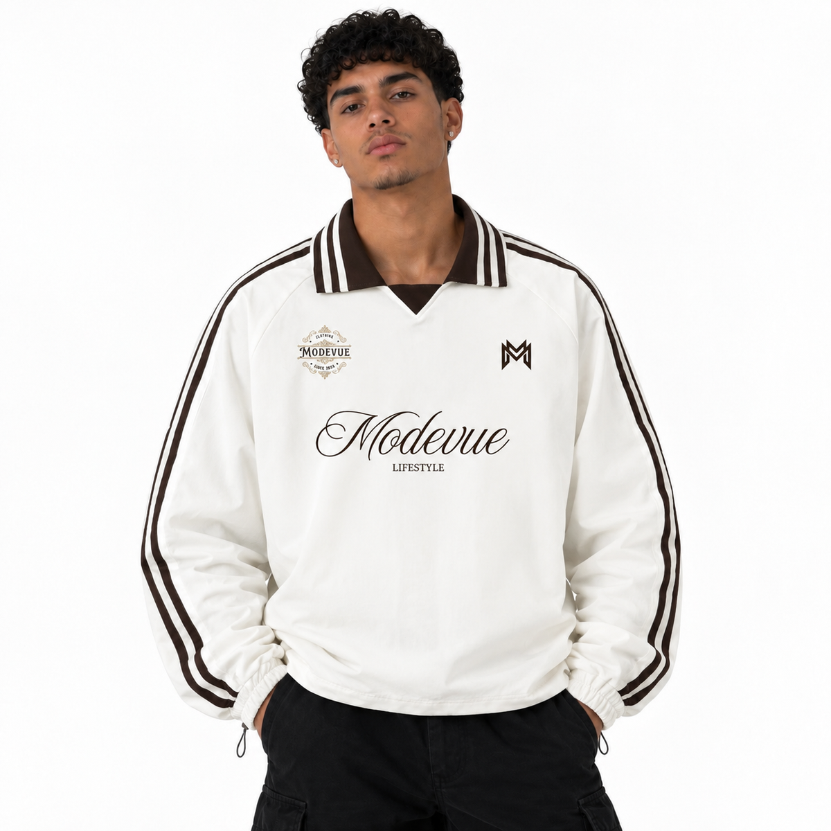 Contrast Striped Lapel Collar Sweatshirt